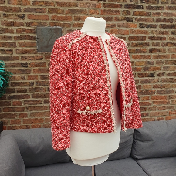M&S Red Boucle Fringed Classic Jacket Uk12. - Picture 2 of 14
